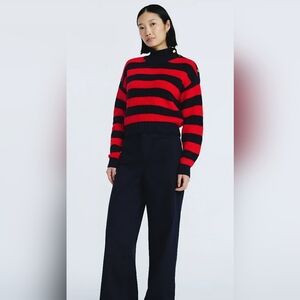 Free Assembky Red and Black Striped Ribbed Sweater With Gold Buttons